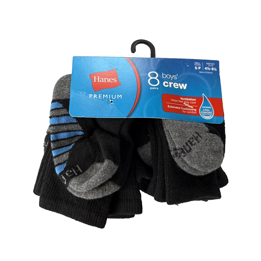 Hanes Boys 8 Pairs Premium Crew Athletic Socks Wicking, Size S 4.5- 8.5